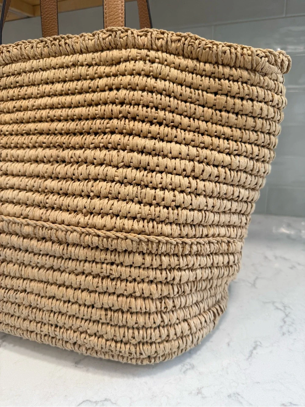 Tory Burch Woven Raffia Tote bag with Leather Tassel Trim in Tan